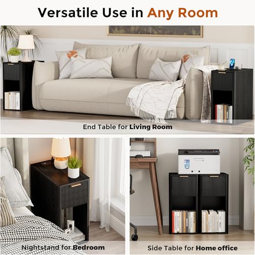 Homleke Narrow End Table with Fluted Drawer & Charging Station | Compact Nightstand with USB Ports & Outlets, Bedside Table for Bedroom, Living Room, Modern Accent Table, Black - color: Black