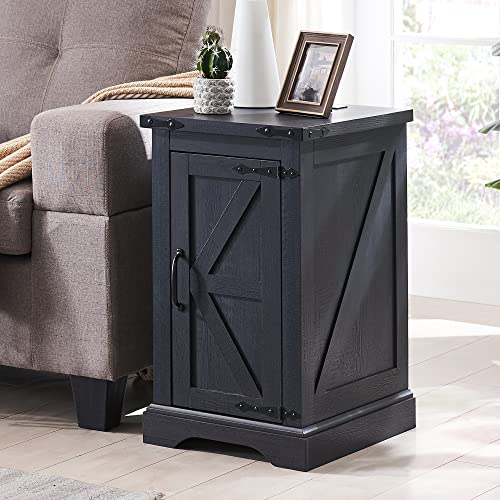 Farmhouse 17" Nightstand with Charging Station, Black | Rectangular/ Rustic End Table with Barn Door /Adjustable Shelf/ Wood Sofa Side Table/ for Living Room, Bedroom - color: Black Color