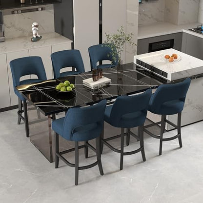VKNOW Bar Stools Set of 6, 26" Upholstered Counter Height Bar Stools | Modern Counter Stools with Black Rubberwood Legs for Kitchen Island Dining Room Bar, Blue-Black Legs - color: Blue-black Legs, size: Set of 6