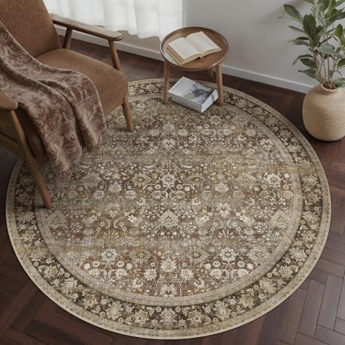 5ft Round Brown Vintage Floral Washable Rug for Living Room | Low Pile, Non Slip, Retro Style, Soft Distressed Round Rug for Living Room, Bedroom, Dining Room, Home Decor - color: Floral | Brown, size: 5' (Round)