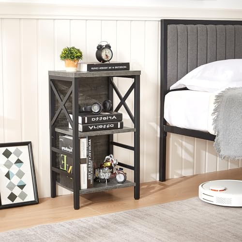MNEETRUNG Small Bookcase,3 Tier Industrial Bookshelf with Metal Frame and Backboard,Low Grey Book Shelf,Book case for Small Spaces,Living Room,Bedroom and Home Office - color: Grey, size: 3-Tier (15.7"W x 11.8"D x 27.6"H)