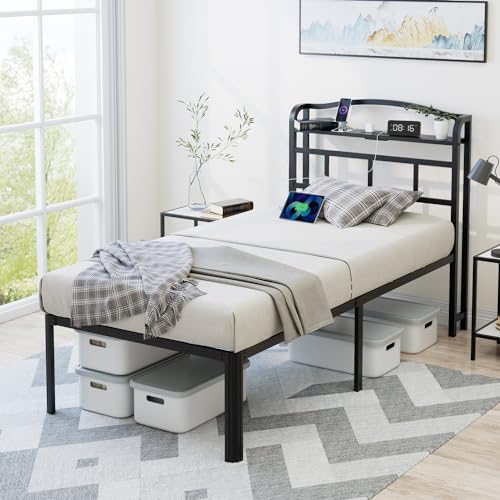 YORMDMO Twin Bed Frame - Heavy Duty Metal Bedframe with Storage Headboard Charging Station, Easy Assembly, No Box Spring Needed, 18 Inch, Black