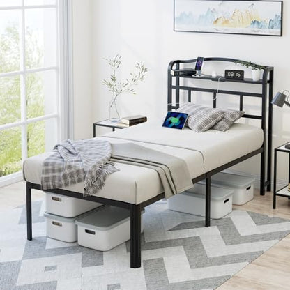 YORMDMO Twin Bed Frame - Heavy Duty Metal Bedframe with Storage Headboard Charging Station, Easy Assembly, No Box Spring Needed, 18 Inch, Black