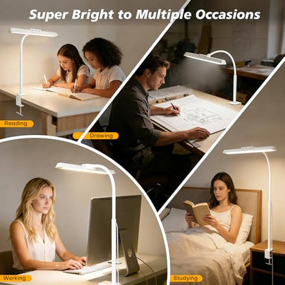 LED Desk Lamp for Office Home, Stepless Dimming Architect Desk Light with DC Adapter, Eye-Caring Desk Lamp with Clamp, 25 Lighting Modes Adjustable 12.8in Flexible Gooseneck for Workbench(White) - color: White