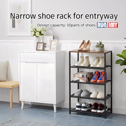 Tall Narrow Shoe Rack for Entryway Closet,5-Tier Shoe Storage Shelf | Small Vertical Shoe Organizer Wood, Sturdy Metal Mesh Shelves, Wooden Table Top, Holds 10 Pairs, for Front Door Entrance - size: 17"D x 10.24"W x 30.7"H