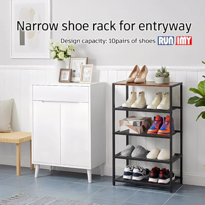 Tall Narrow Shoe Rack for Entryway Closet,5-Tier Shoe Storage Shelf | Small Vertical Shoe Organizer Wood, Sturdy Metal Mesh Shelves, Wooden Table Top, Holds 10 Pairs, for Front Door Entrance - size: 17"D x 10.24"W x 30.7"H