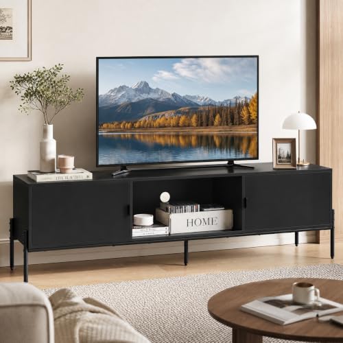 WLIVE 58" TV Stand for 65 Inch TVs, Mid Century Modern Entertainment Center with 2 Storage Cabinets & Open Shelf, Media Console Table with Metal Legs for Living Room, Bedroom, Black - color: Black