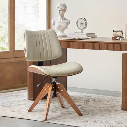 HULALA Home Faux Leather Home Office Desk Chair No Wheels, Ivory | Mid-Century Modern Desk Chair with Wood Legs, 360° Swivel Computer Task Chair with Channel-Tufted Backrest, Height Adjustable - color: Ivory