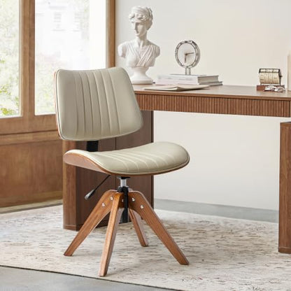 HULALA Home Faux Leather Home Office Desk Chair No Wheels, Ivory | Mid-Century Modern Desk Chair with Wood Legs, 360° Swivel Computer Task Chair with Channel-Tufted Backrest, Height Adjustable - color: Ivory