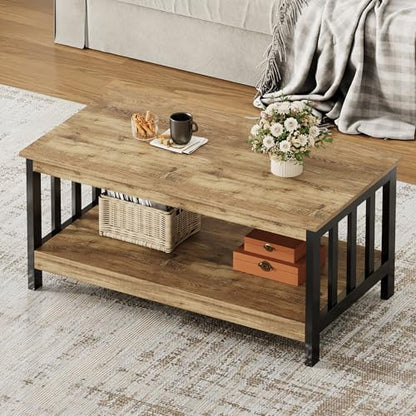 ChooChoo Farmhouse Coffee Table, Living Room Table with Shelf, 40 Rustic Oak & Black - color: Rustic Oak & Black, size: 22"D x 39.9"W x 18.1"H