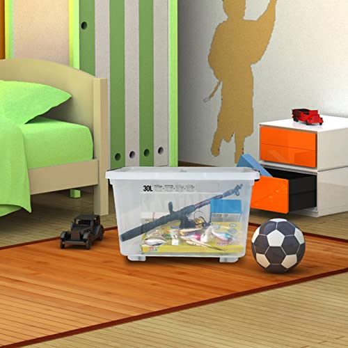 4 Packs 30 L Clear Large Storage Boxes Container with Lids and Wheels | Clear Translucent Design, Secure Latch Lock Lids, Smooth Rolling Wheels, for Home Office Garage Use - size: 30 L