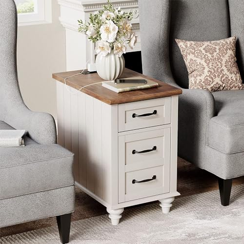 WAMPAT Off White Side Table with Charging Station, Tall Nightstand with Drawer for Bedroom, Narrow End Table Wooden Bedside Table with USB Ports & Power Outlets for Living Room - color: Off White