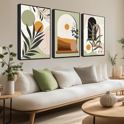 Green Boho Artwork for Walls Bohemian Wall Decor for Bedroom Women | Plant Wall Art For Living Room With Black Frame,Modern Minimalist Home Office Wall Decoration Size 20 x 30 Inch 3 Panels - color: Green, size: 30"x20"x3PCS Framed