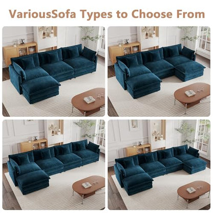 Modular Sectional Sofa, 111.5 Inch U Shaped Couch Set for Living Room, 3-Seater Comfy Cloud Couches with Movable Ottoman, DIY Combination, Chenille, Blue - color: Blue, size: 111.5 Inch- U