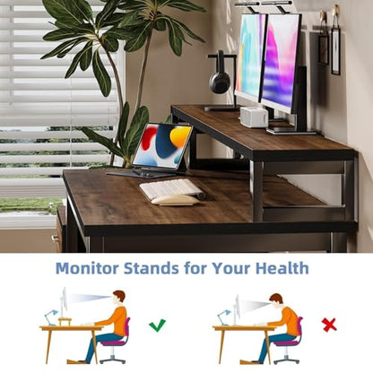 MaverickFurni 67'' Computer Desk with 3 Drawers and LED Lights, Black | Home Office Desk with Printer Shelf and Monitor Stand, Gaming Desk with LED Lights, Black - color: Black and Walnut