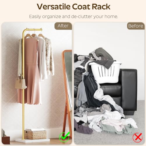 L Shaped Glod Coat Rack, Metal Coat Tree, Modern Clothes Rack with 3 Hooks and Thickened Base, Floor Standing Coat Hanger Stand, for Entryway, Living Room, Cloakroom, Gold and White YM01DWY1