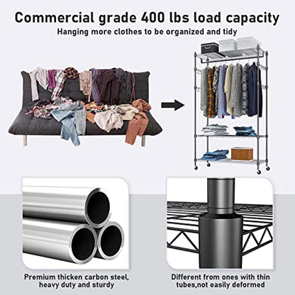 Heavy Duty Clothes Rack, Adjustable Rolling Garment Rack with Shelves, Freestanding Wardrobe Rack 1 Clothes Hanging Bar, 3 tired Wire Shelving, 4 Hanger Hooks - Hold Up to 400Lbs (Black, 1Rod 4Hook)
