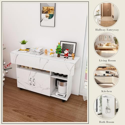 KEIKI 47 Inch Foldable Dining Table, Multi-Functional Folding Table with Storage Shelves and Wheels, Drop Leaf Extendable Dining Desk, Versatile Foldable Side Table for Kitchen, Dorm, Office, White - color: White
