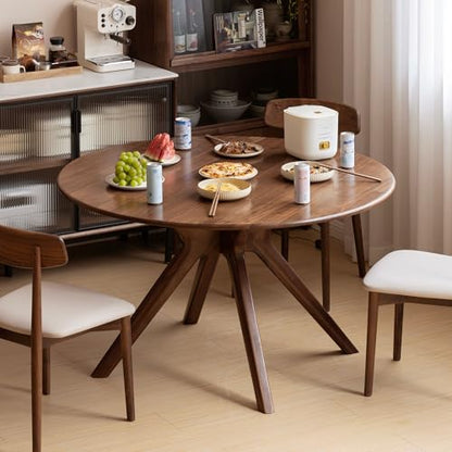 43.3’’ Round Black Walnut Dining Table for 4-6, Solid Wood Kitchen Table with Intersecting Pedestal Base, Farmhouse Circle Table for Dining Room, Living Room - color: Walnut