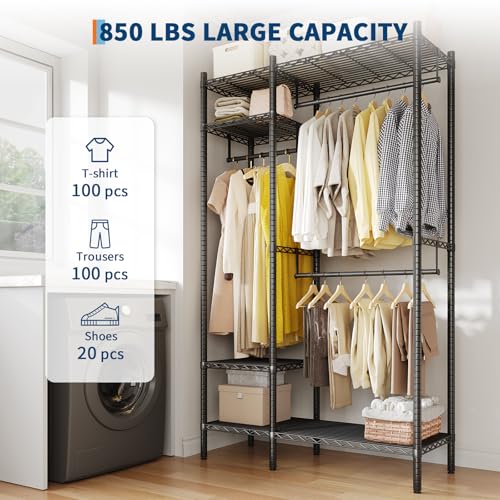 PioneerWorks Heavy Duty Garment Rack 1210 LBS, Commercial Clothing Rack with 4 Adjustable Shelves, Freestanding Wardrobe Closet Organizer, Metal Storage Rack for Home, Retail, Laundry Room - size: 45"W × 16.5"D × 76.4"H