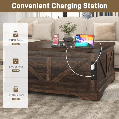 Hlivelood 40” Large Farmhouse Lift Top Coffee Table with Power Outlets and Large Hidden Storage, Square Wood Living Room Tables, Multi-Function Lift Wooden Barn Door Center Table, Brown - color: Brown