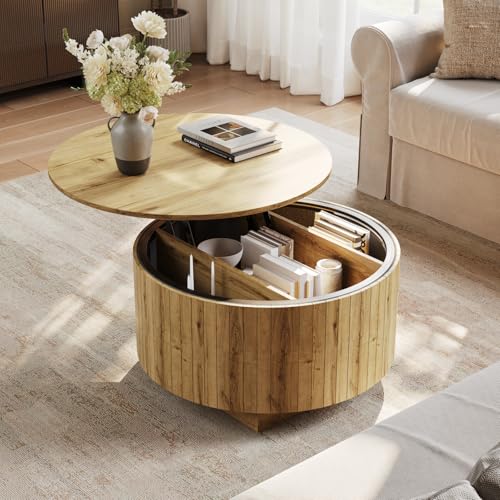 kepptory Round Lift Top Coffee Table with LED Lights, Mid Century Modern Wooden Coffee Tables with 3 Storage Space, Circle Center Table for Living Rooms,Dining Room,Bedroom Home Office,APP LED Lights - color: Natual