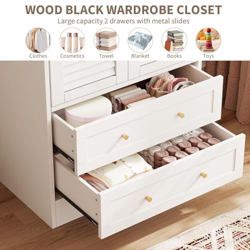 65" White Wooden Storage Cabinet, Freestanding Storage Cabinet with 2 Doors, 2 Drawers & Hanging Rod for Bedroom, Cloakroom, Laundry Room & Entrance Hall, White