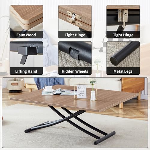 Liftable Folding Dining Table for 4, Adjustable Drop Leaf Table, Folding Coffee Table for Small Spaces, Scratch-Resistant Wood Top with Metal Frame for Apartment Kitchen Living Room - color: Dark Wood-black