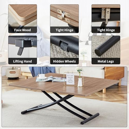 Liftable Folding Dining Table for 4, Adjustable Drop Leaf Table, Folding Coffee Table for Small Spaces, Scratch-Resistant Wood Top with Metal Frame for Apartment Kitchen Living Room - color: Dark Wood-black