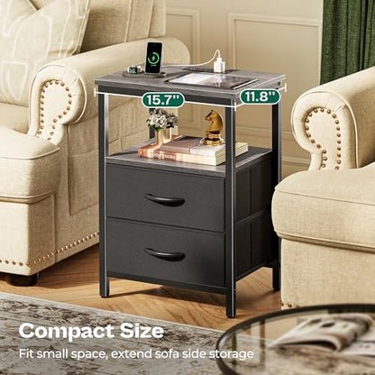 Huuger Night Stand with Charger Station and LED Lights, 2 Drawer Nightstand | Bed Side Table with Open ShelfEnd TableFabric Dresser for Bedroom, Grey and Black - color: Grey and Black, size: 11.8"D x 15.7"W x 23.6"H（2 Drawers）