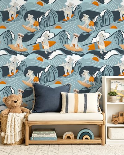 Floralplus Peel and Stick Wallpaper Dog Renter Friendly Wallpaper | Removable, Textured, Waterproof, Stick On Contact Paper, Funny Puppy Blue Wallpaper for Bathroom Nursery, 17.5 x 118 in - color: Blue