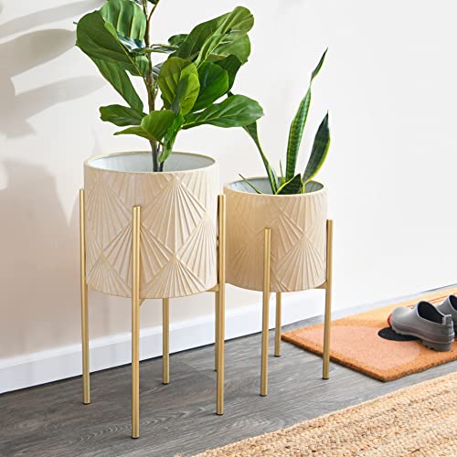 Main + Mesa Modern Boho Embossed Metal Planters with Stands, Cream and Gold, Set of 2 Sizes - color: Blush/Gold