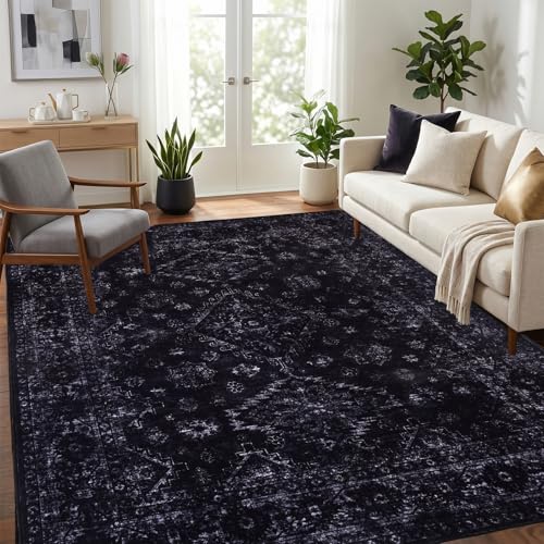 6x9 Area Rugs for Living Room, Machine Washable Rug, Neutral Style, Black | Low Pile Non Slip Rug, Stain Resistant, Vintage Boho Carpet for Bedroom Dining Room Farmhouse Nursery Dorm Indoor Office - color: Black, size: 6' x 9' (Rectangular)