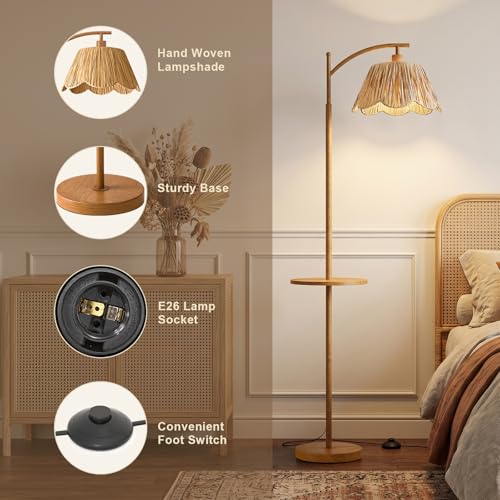 63.5" Floor Lamp with Table for Living Room, Boho Rattan Standing Lamps with Foot Switch, Farmhouse Floor Lamp for Bedroom, Arc Tall Lamp with Metal Base&Pole, Bulb not Included, Woodgrain - color: Woodgrain