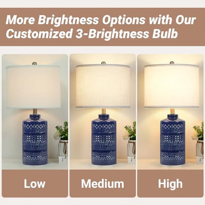 JUNNAI 24.5" Navy Blue Table Lamp Modern Bedside Ceramic Lamps for Living Room 3-Way Dimmable Entryway Nightstand Farmhouse Lamp for Home Office Bedroom, Bulb Included - color: Blue
