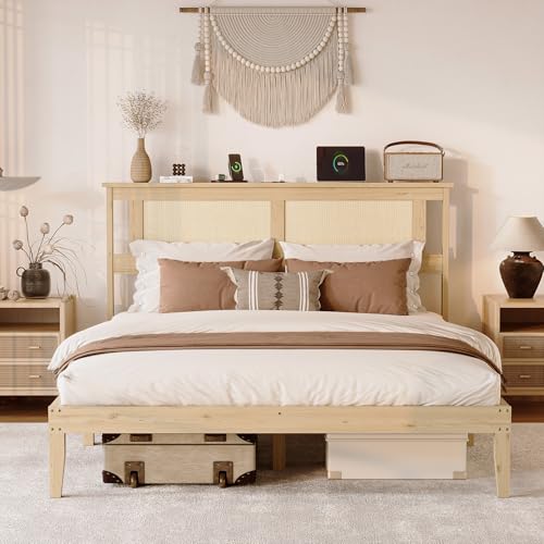 VINGLI Boho Queen Bed Frame with Rattan Headboard, Wooden Platform Bedframe with Charging Station and Underbed Storage for Bedroom,Solid Wooden Slats Surpport, Noise Free,Natural - size: Queen