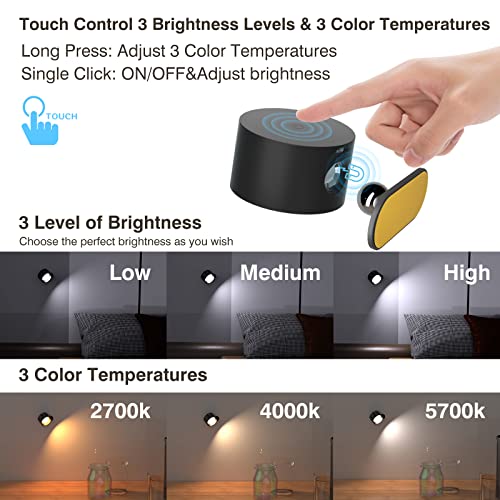 Koopala LED Reading Lights, Wall Mounted Sconces with 3 Color Temperatures & 3 Brightness Levels Rechargeable Battery Magnetic Ball 360°Rotation Touch Control, Lamps for Kids Study Bedside Closet - color: Black-A
