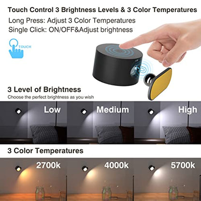 Koopala LED Reading Lights, Wall Mounted Sconces with 3 Color Temperatures & 3 Brightness Levels Rechargeable Battery Magnetic Ball 360°Rotation Touch Control, Lamps for Kids Study Bedside Closet - color: Black-A