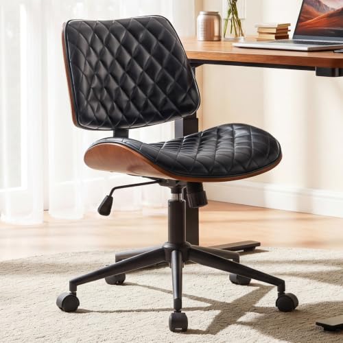 Furnimart Wooden Armless Desk Chair with Wheels, 360° Swivel Faux Leather Vanity Chair for Bedroom, Small Office Computer Task Chair for Home & Compact Spaces (PU Black) - color: Pu-black