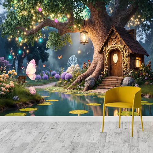 Custom Size Wall Murals, Whimsical Enchanted Tree and Cottage Scene, Self-Adhesive Removable Peel and Stick Wallpaper, for Living Room, Bedroom, Shop, Office, Kids