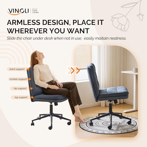 VINGLI Mid Back Armless Office Desk Chair with Wheels/no Wheels,360°Rocking Swivel Vanity Chair with Thickened Cushion,Adjustable Height Rolling for Reading Room, Make up, Linen Navy Blue - color: Navy Blue