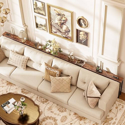 Huuger 141.7 Inch Sofa Table with Power Outlets, Skinny Behind Couch Table | 5.9 Inch Narrow Entryway Table, Extra-Long Console Table, Behind the Couch Table with Outlet for Living Room, Rustic Brown - color: Rustic Brown, size: 5.9"D × 141.7"W × 29.7"H