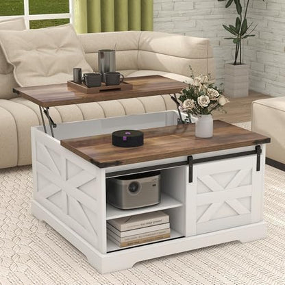 TaoHFE Lift Top Coffee Table with Storage,Rustic White Farmhouse Coffee Table, Square Storage Compartment and Adjustable Shelves Coffee Tables for Living Room (Oak White) - color: Oak White