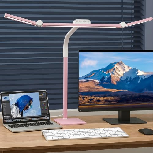 LED Desk Lamp for Home Office with Base, 28.2" Adjustable Gooseneck Swing Arm Bright Desk Light, Dimmable Architect Table Lamp for Desktop Computer Light, Reading, Study, Workbench（Pink） - color: Pink