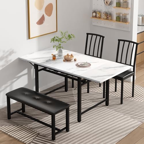 AWQM 4-Piece Faux Marble Drop Leaf Dining Table with Storage Rack, Space Saving Breakfast Nook Table Set with 2 Backrest Chairs and 1 Upholstered Bench, Kitchen Dining Table and Chairs Set for 2-4