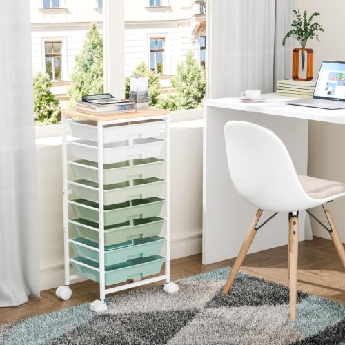 Ekisemio Utility Cart Organizers with Wheels and 8 Drawers, Little Rolling Craft Cart with Wooden Tabletop for Classroom, Office, Living Room, Craft Room, Green
