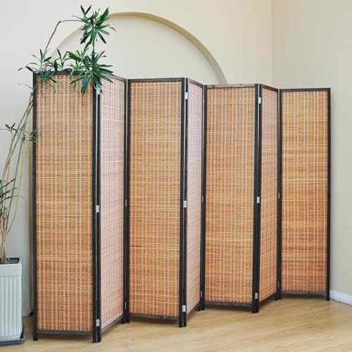7 Panel Bamboo Room Divider - 5.6 ft Tall Folding Privacy Screen, Natural Brown Freestanding Partition Wall for Home Office & Room Separation (67" H x 107.5" W) - color: Brown, size: 7 Panel