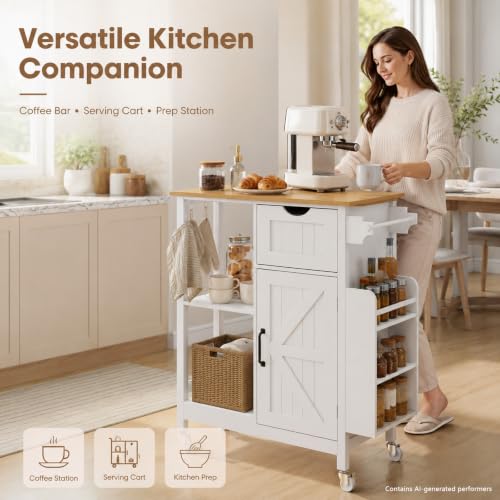 Small Kitchen Island Cart with Storage Cabinet | Rolling Microwave Table with Adjustable Shelf, Spice Rack, Towel Rack, Drawer, Portable for Kitchen Dining Room Home Bar