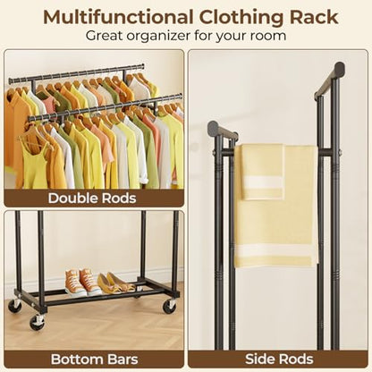 HYSEYY Double Rods Clothes Rack, Rolling Clothing Rack for Hanging Clothes Portable Wardrobe Rack, Metal Garment Rack Sturdy Coat Rack for Bedroom Laundry Living Room, Black - color: Black