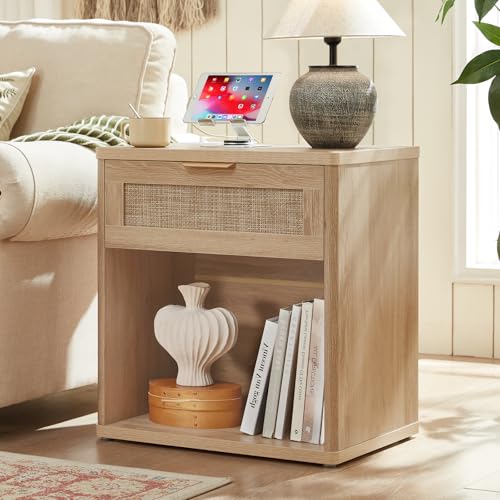 LEYAOYAO Rattan 23" Nightstands with Charger for Bedroom | Gold Metal Handle, Storage Shelf, Oak Night Stand with Drawer, Boho Bedside Table, Bed Side End Tables Living Room, Hallway - color: Natural Wood, size: 1 Drawer